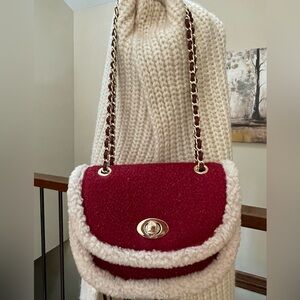 NWT Cider Red Woolen Fabric Sherpa Trim Gold Woven Adjustable Crossbody Chain